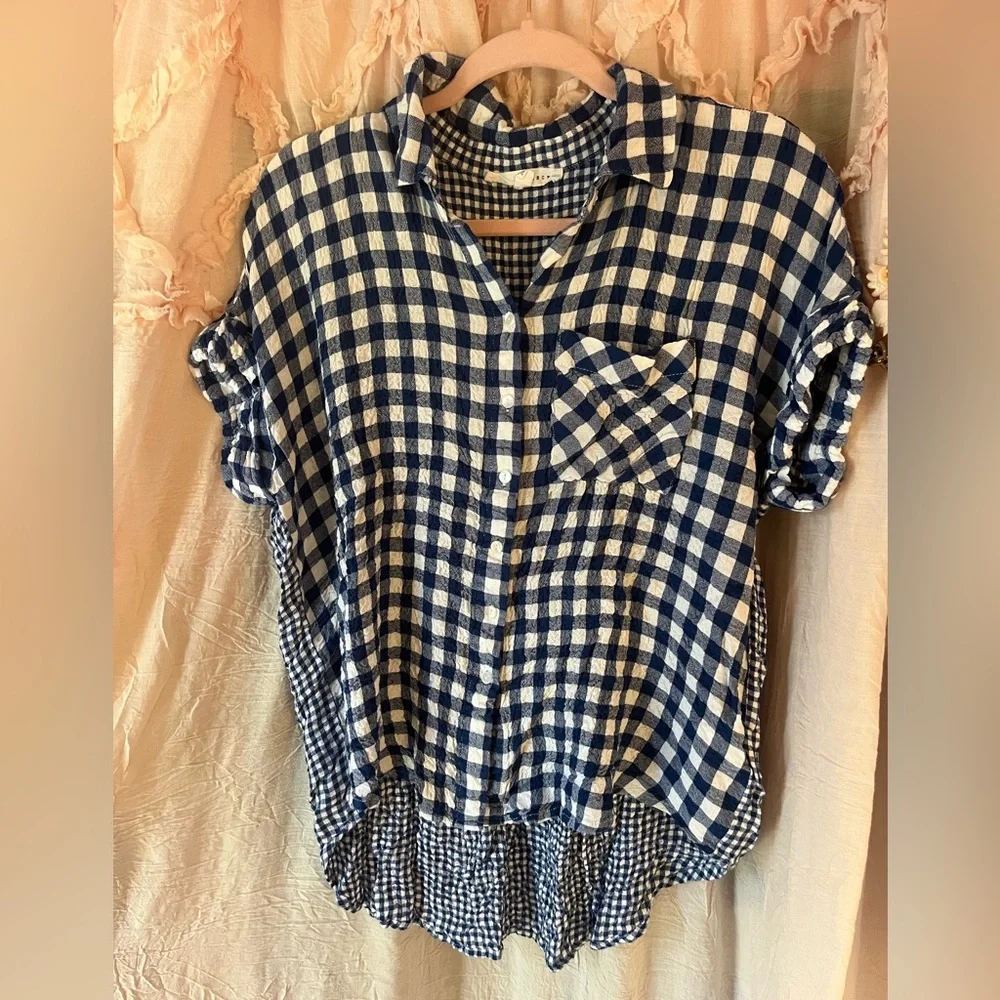 Jane + Delancey Navy and White Gingham Button-Up Shirt. Vintage retro vibe - Picture 1 of 5